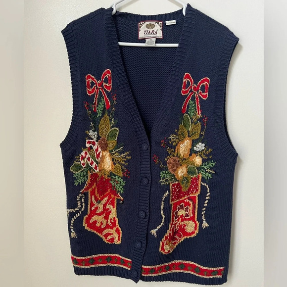 Tiara Christmas Sweater Vest with Stockings and Bells - Picture 1 of 5